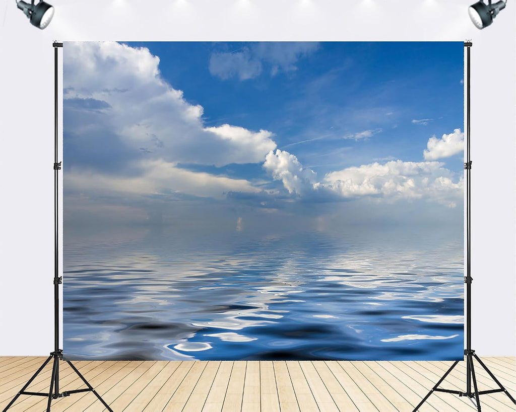 Trykid 20x10ft Calm Sea Backdrop Blue Sky Fluffy Clouds Water Reflection Coastal Scene Photography Background Ocean Tranquility Party Decoration Tapestry Photo Booth Prop Fabric