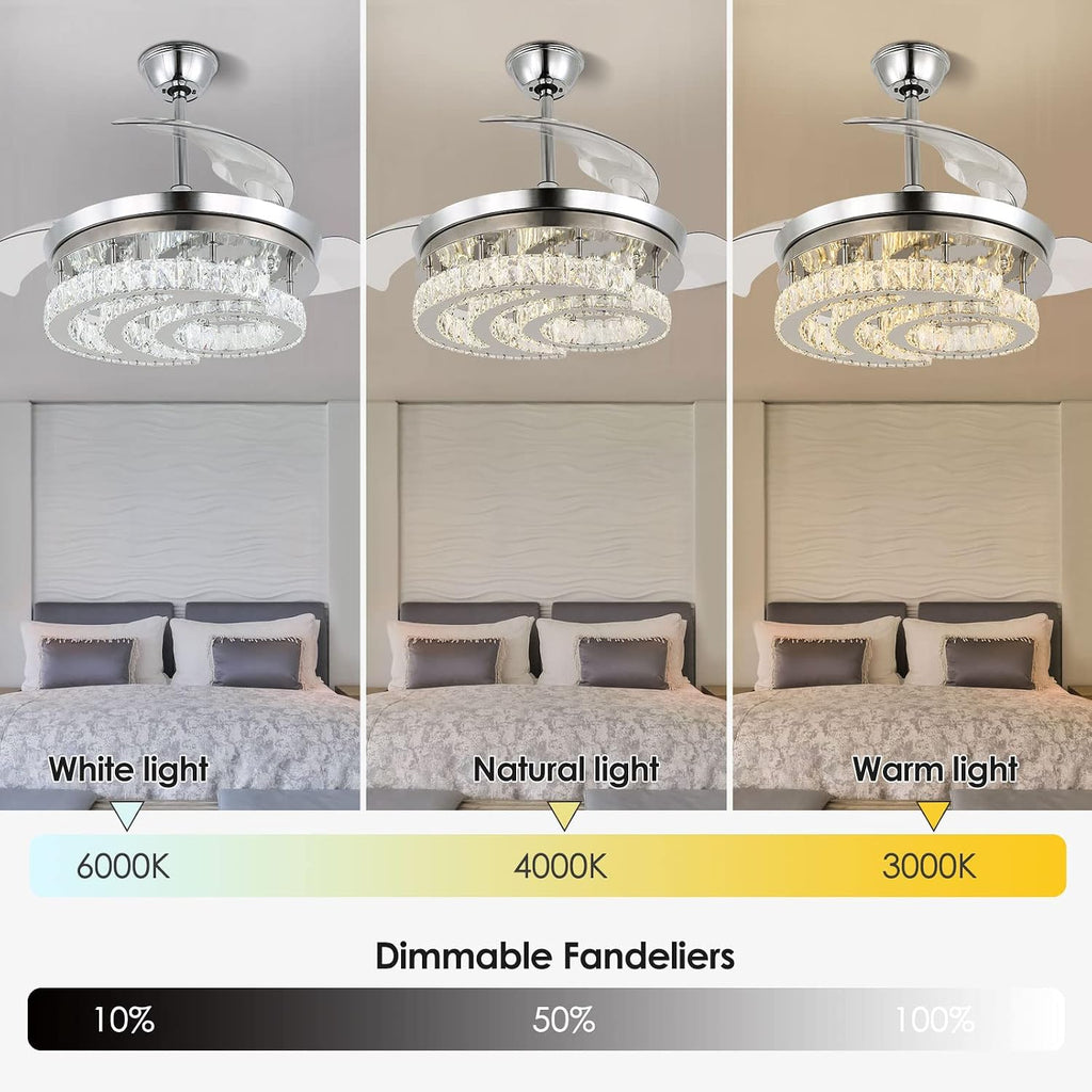 FRIXCHUR 42' Dimmable Fandelier Led Crystal Chandelier Ceiling Fans with Lights and Remote Moon Shape Retractable Chandelier Ceiling Fan for Bedroom Living Room Dining Room 30W*2