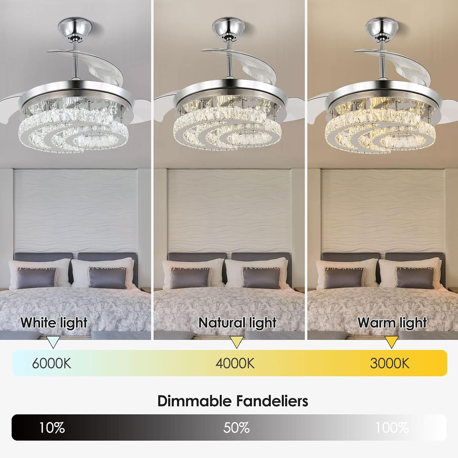 FRIXCHUR 42' Dimmable Fandelier Led Crystal Chandelier Ceiling Fans with Lights and Remote Moon Shape Retractable Chandelier Ceiling Fan for Bedroom Living Room Dining Room 30W*2