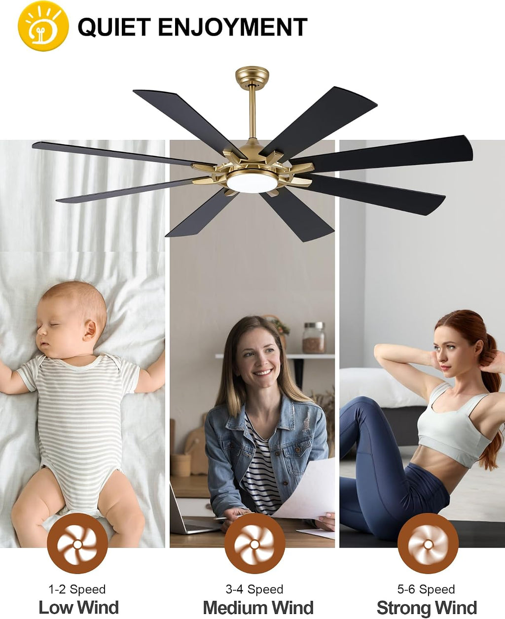 Dawn Whisper Gold Ceiling Fans with Lights 72 Inch Large Modern LED Chandelier Ceiling Fans with Remote for Living Room Bedroom 3 CCT 6 Speed Reversible DC Motor
