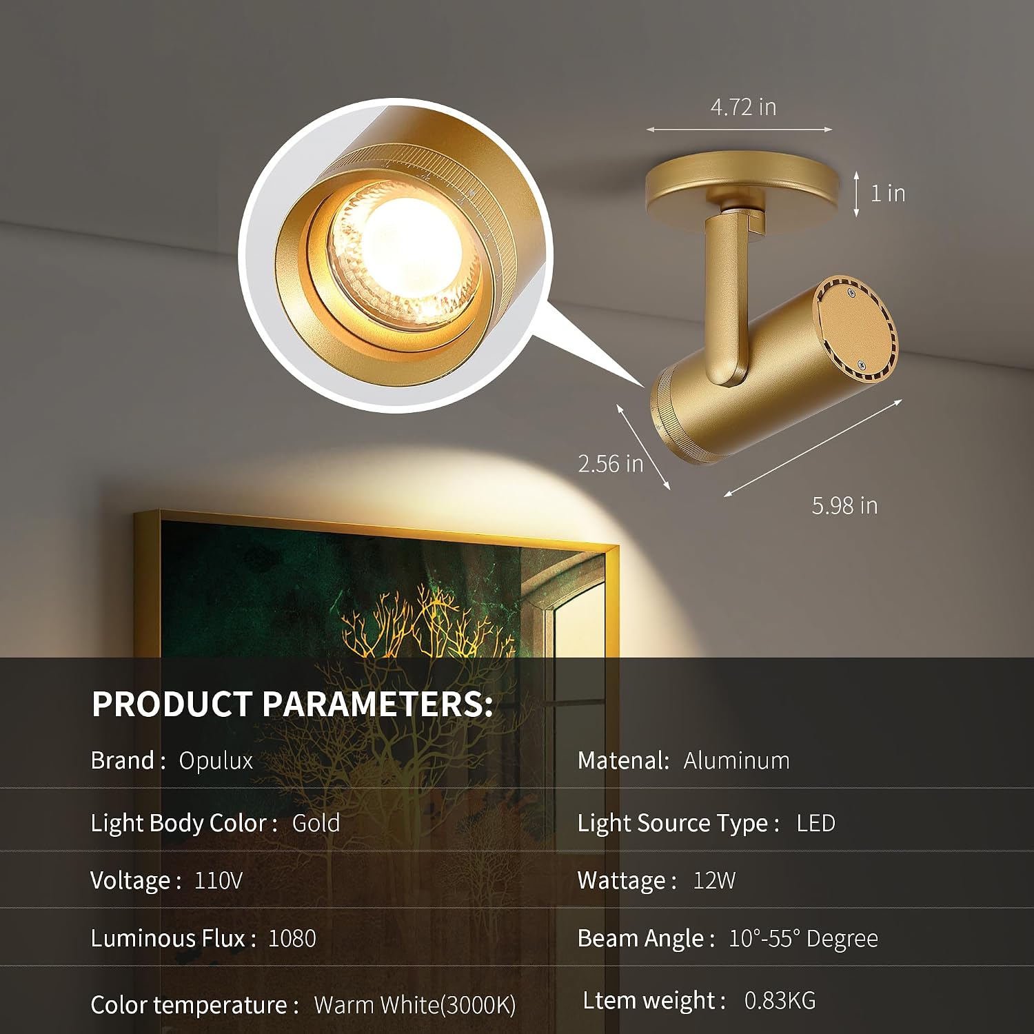 12W LED Gold Dimmable Zoomable Ceiling Spotlight Indoor – Adjustable Surface Mount Accent Light for Corridor, Living Room, Plants & Painting | Warm White 3000K CRI 97, Flicker-Free, 2 Packs