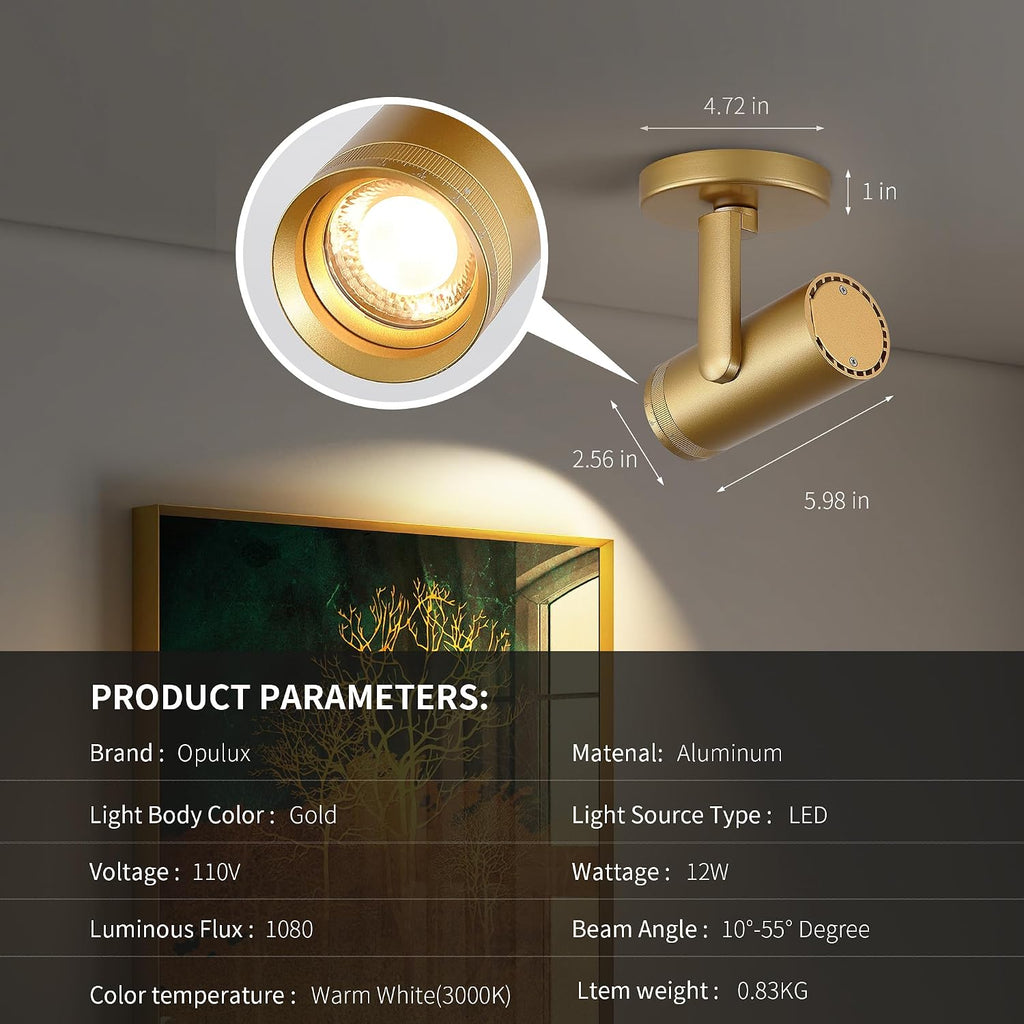 12W LED Gold Dimmable Zoomable Ceiling Spotlight Indoor – Adjustable Surface Mount Accent Light for Corridor, Living Room, Plants & Painting | Warm White 3000K CRI 97, Flicker-Free, 4 Packs