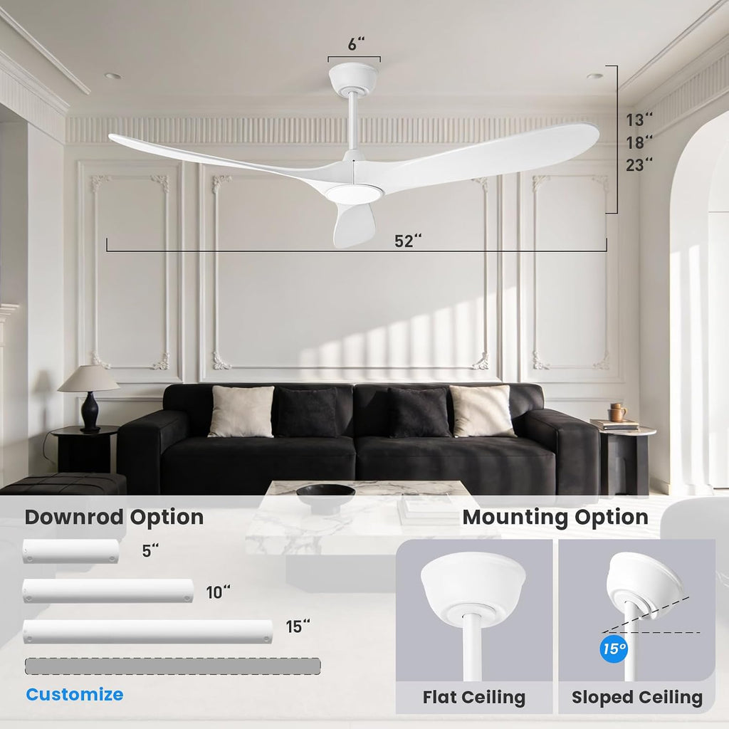 heimo 52 Inch White Ceiling Fan with Light and Remote, Wood Outdoor Ceiling Fans with Lights Dimmable for Bedroom Living Room Patios Kitchen Modern 3 Blade Propeller Indoor Fan
