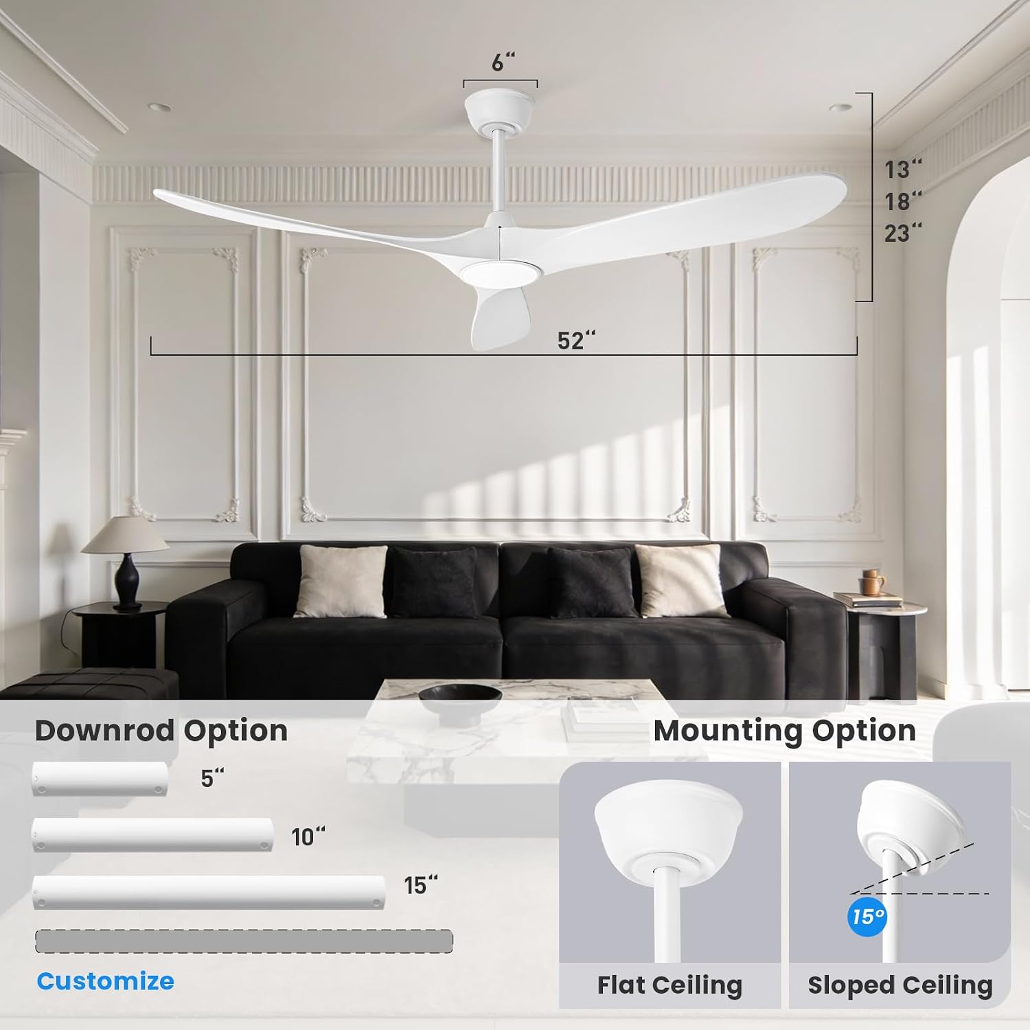 heimo 52 Inch White Ceiling Fan with Light and Remote, Wood Outdoor Ceiling Fans with Lights Dimmable for Bedroom Living Room Patios Kitchen Modern 3 Blade Propeller Indoor Fan