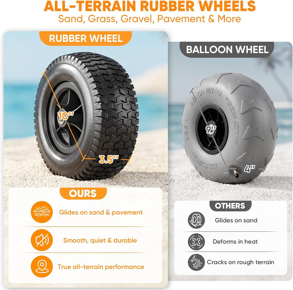 All-Terrain Beach Wagon with 10' x 3.5' Big Inflatable Rubber Wheels for Sand, 220L Collapsible Utility Wagon, 400 lbs Heavy Duty Folding Cart with 2 Cup Holders for Camping, Sports, Garden, Black