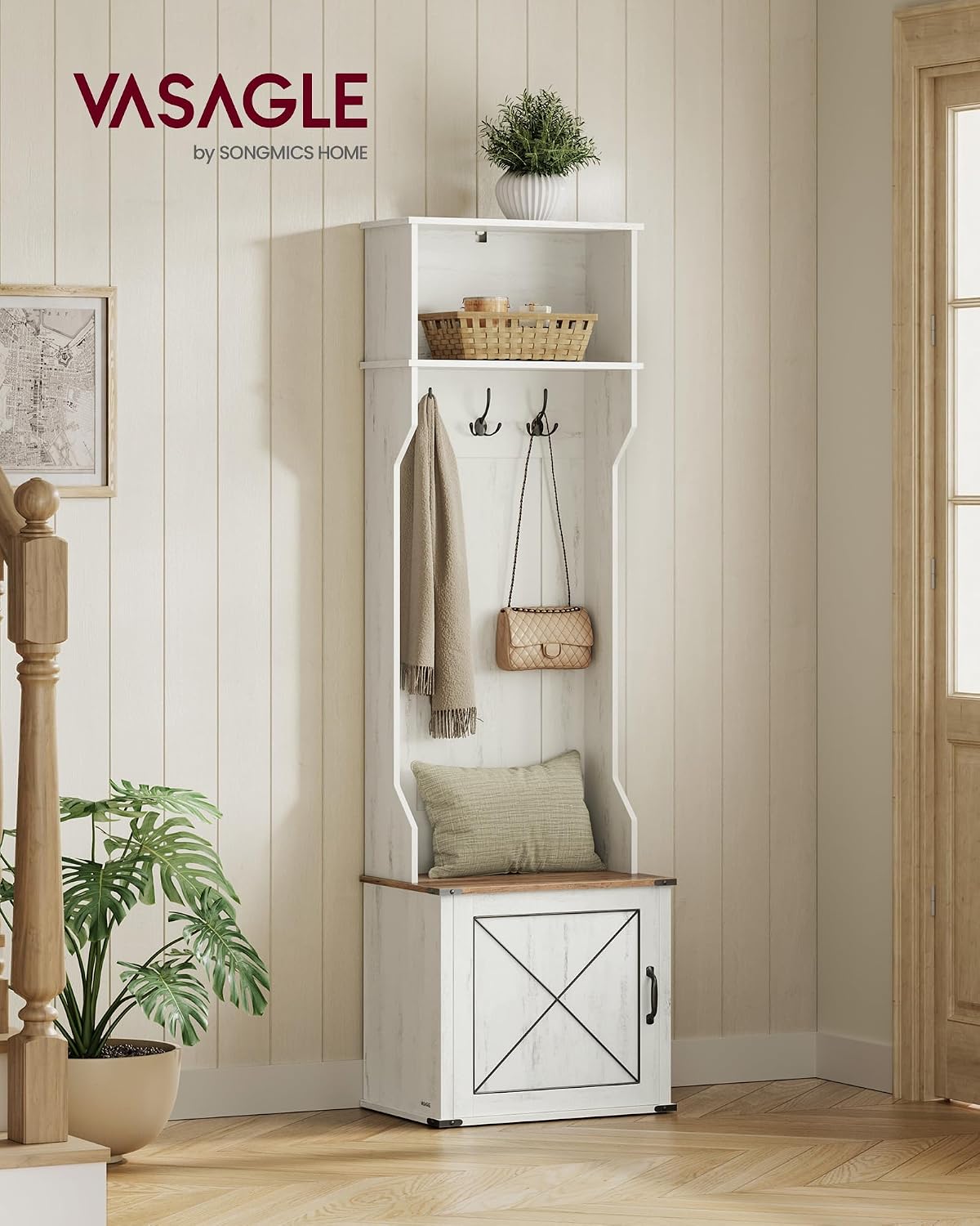 VASAGLE Hall Tree with Bench and Shoe Storage, Coat Rack with Shoe Bench, Entryway Furniture, 3 Tri-Hooks, Door with Handle, Farmhouse Style, Space Saving, Rustic White and Honey Brown UHSR441W01V1