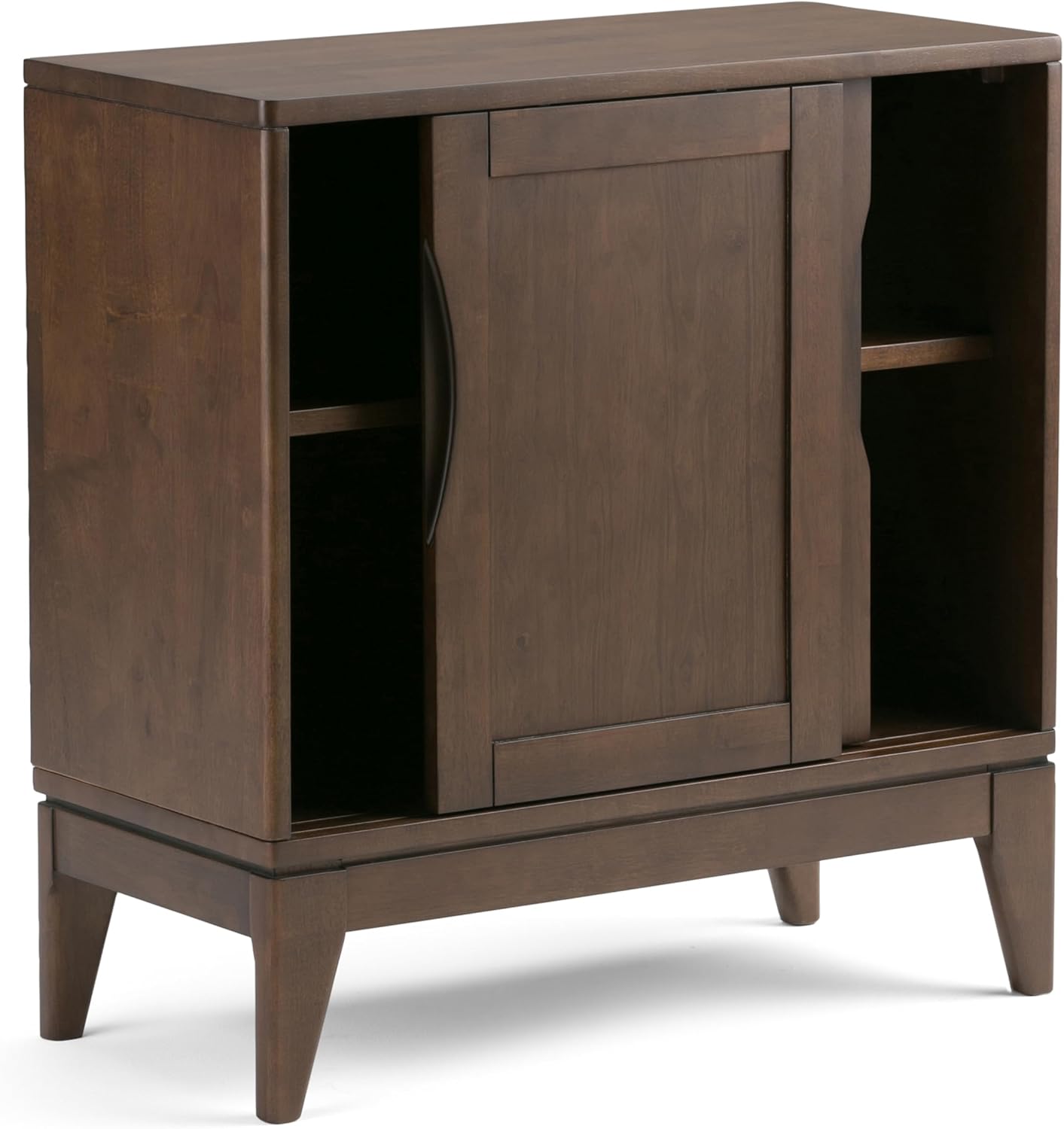 SIMPLIHOME Harper Storage Cabinet - 30 inch Wide Solid Hardwood 2-Shelf Low Console Cabinet in Walnut Brown, Mid-Century Modern Cupboard for Living Room with Sliding Doors and Adjustable Shelves