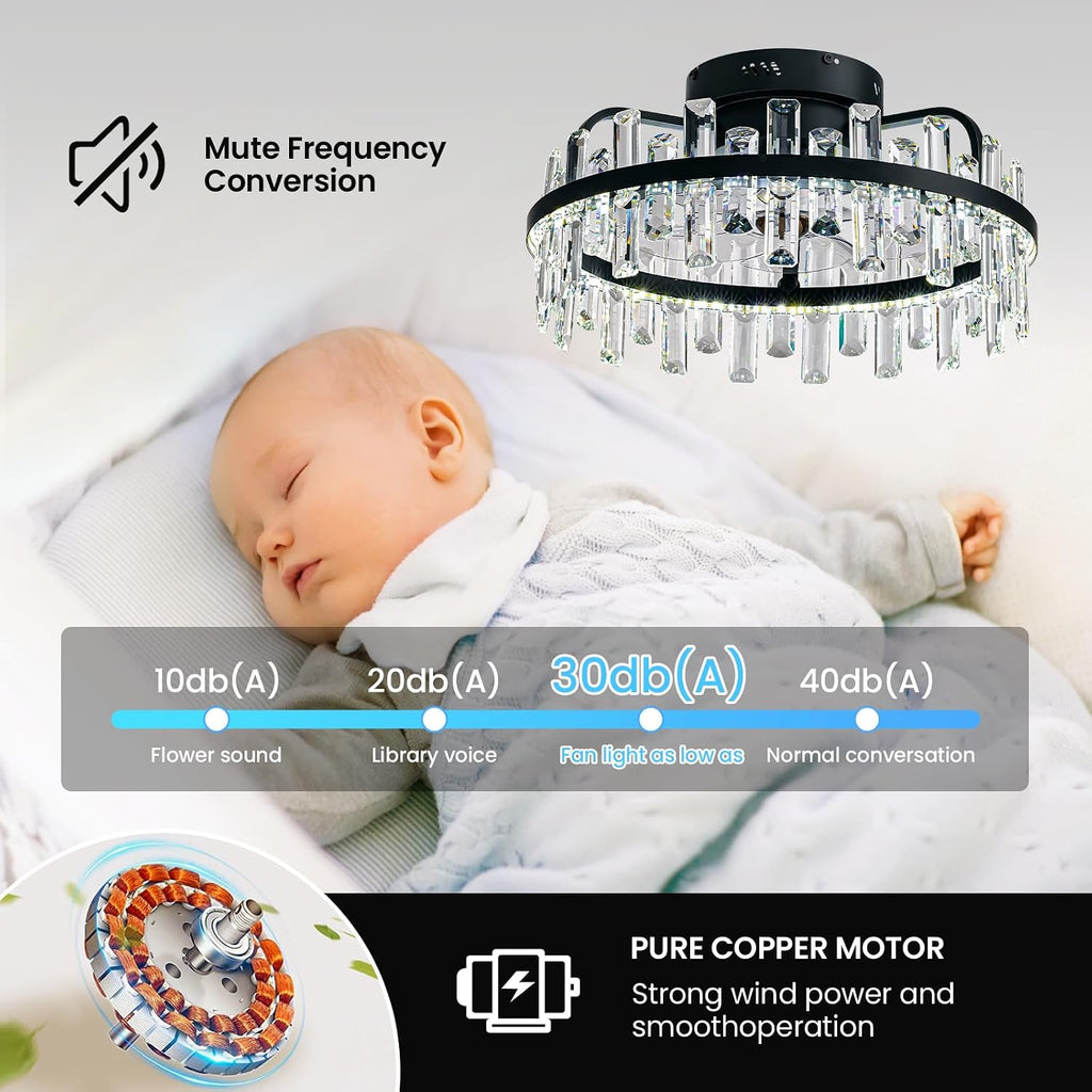 20' Crystal Ceiling Fans with Lights Remote Control Dimmable 6 Speeds Reverible Timer Black Fandelier for Bedroom Dining Room Living Room