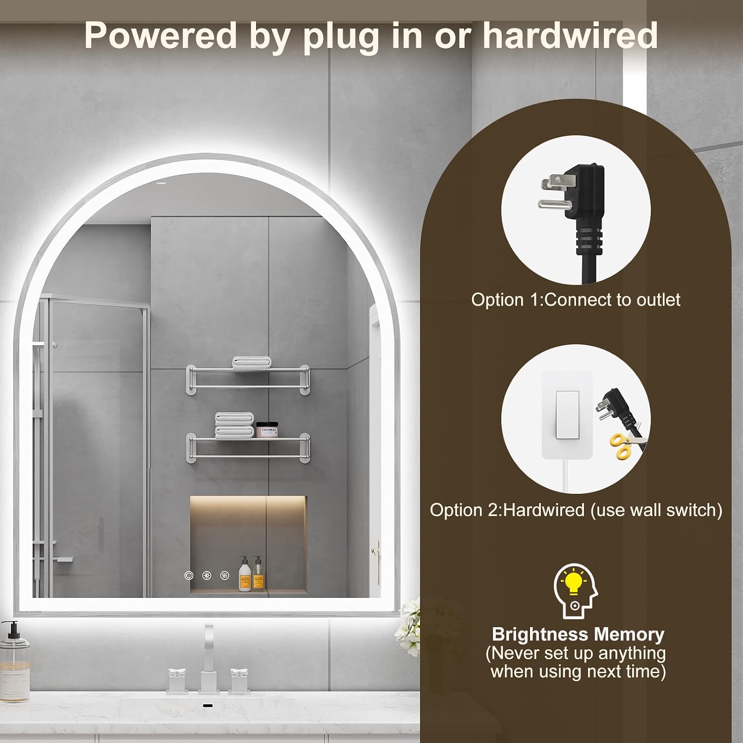 Arched LED Mirror for Bathroom 30'x36', Silver LED Bathroom Mirror with Lights-Fogless, Dimmable, 3 Color Changing, Touch Sensor