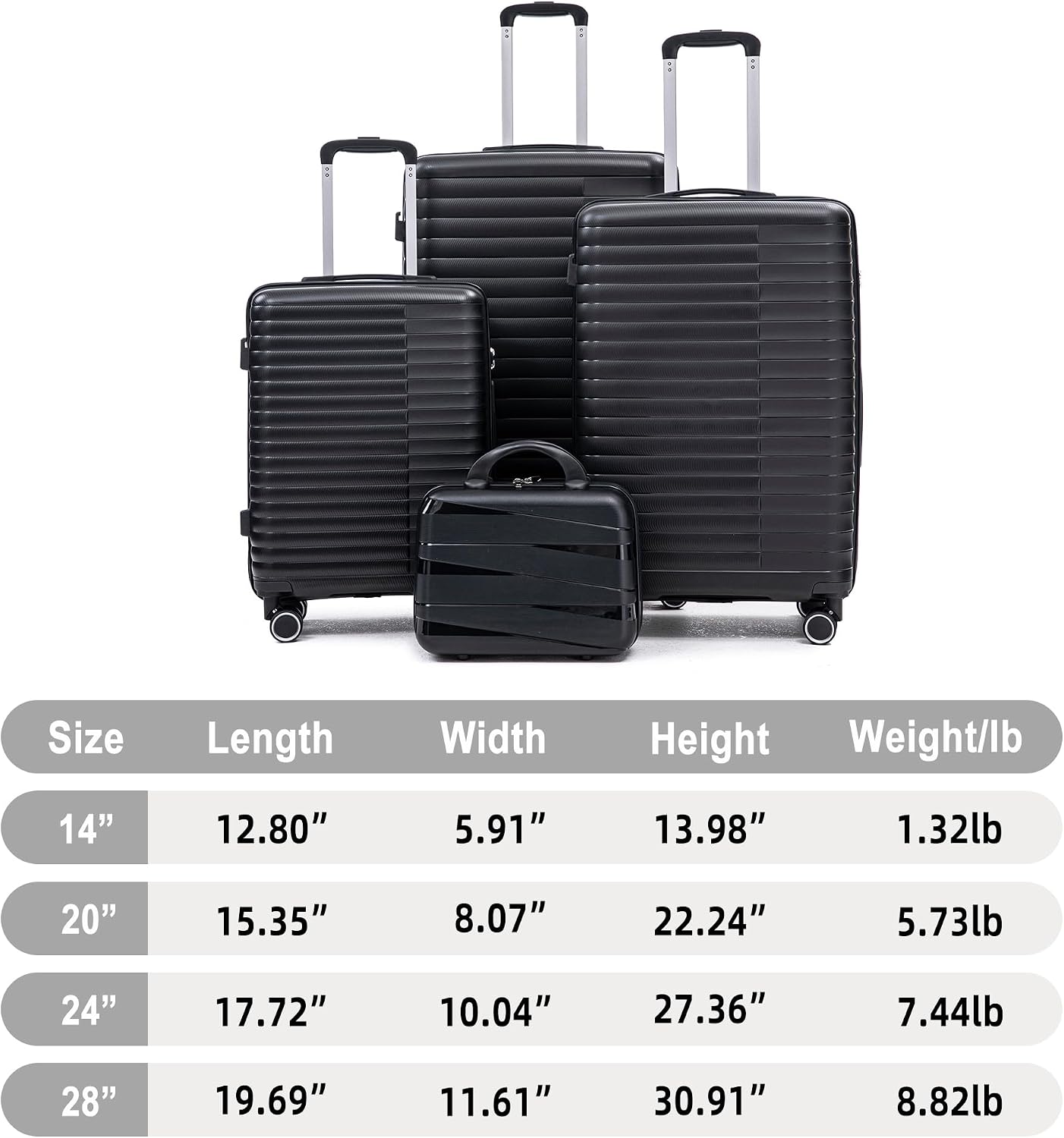 4-Piece PP Hardshell Luggage Set with 14' Cosmetic Case, 20'/24'/28' Spinner Suitcases, Carry On with Iron Telescopic Handle, Combination Lock, 360° Double Silent Wheels, Waterproof Travel Set, Black