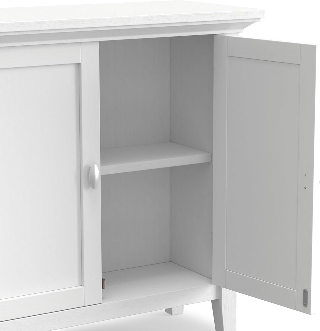 SIMPLIHOME Redmond Storage Cabinet - 32 inch Wide Solid Wood 2-Shelf Low Storage Cabinet in White, Transitional Accent Cabinet for Entryway with Adjustable Shelves and Tapered Legs