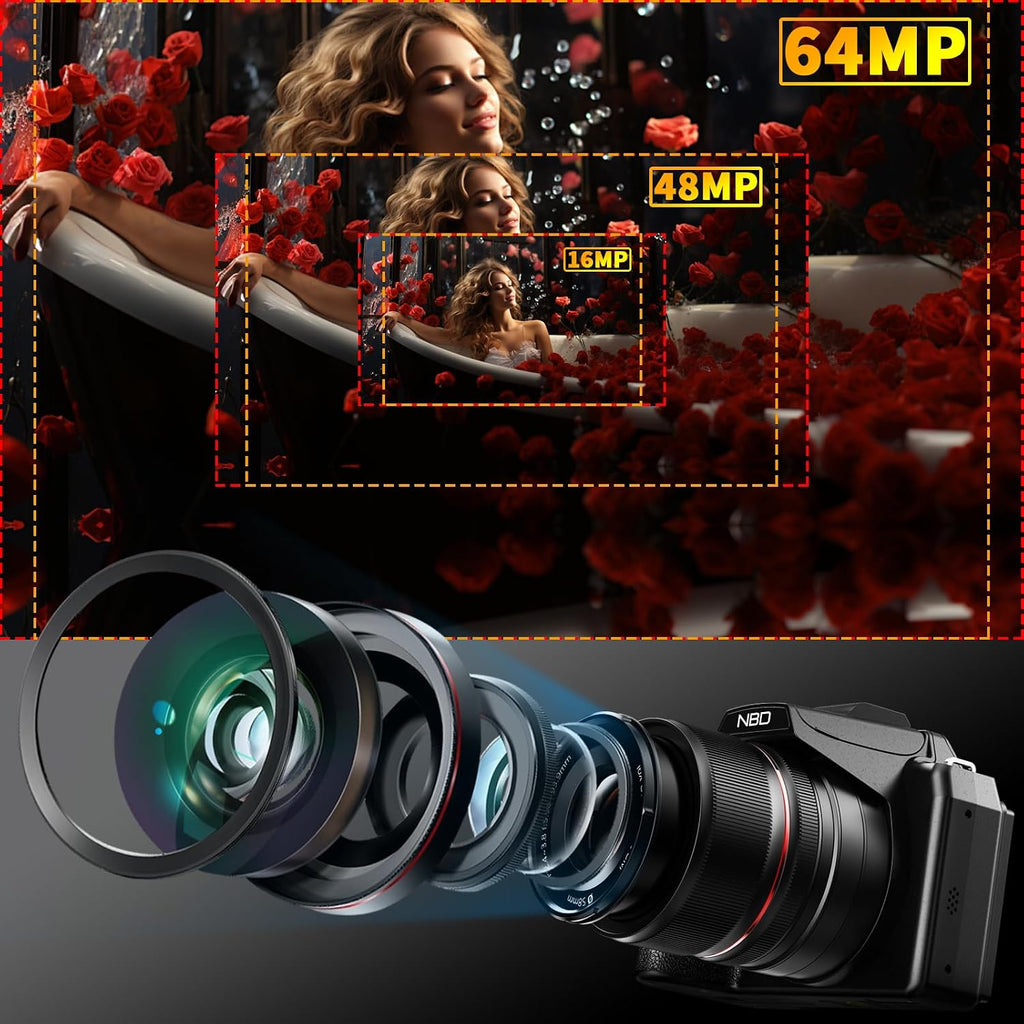 NBD 8K Digital Cameras for Photography,64MP Vlogging Cameras for YouTube,16X Optical Zoom Travel Point and Shoot Digital Cameras Fotograficas with 180°Flip Screen,58mm UV Lens,2 Batteries,64GB Card