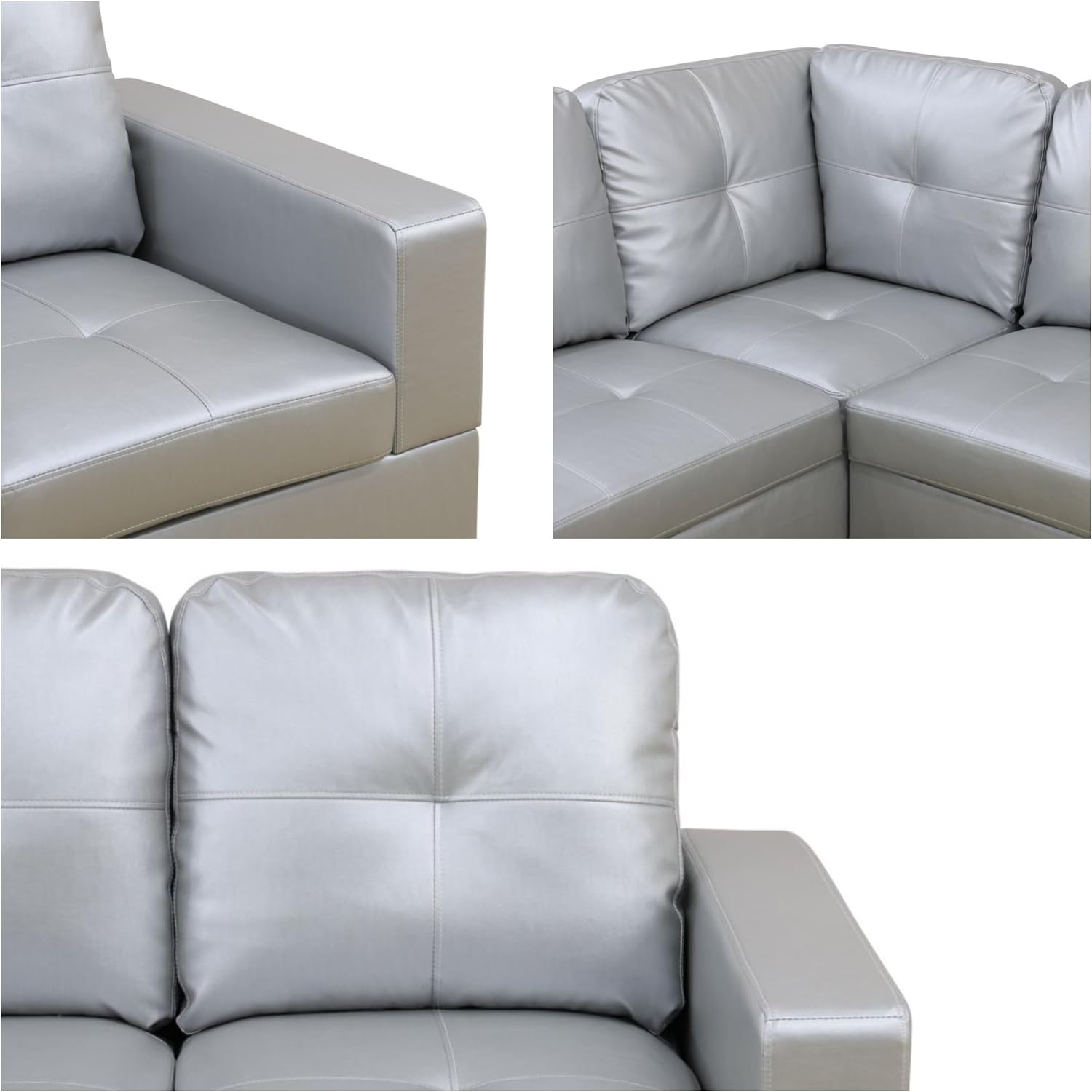 103.5' Sectional Couches for Living Room, Leather 4 Seat L Shaped Couch with Chaise, 3-Piece Modular Sofa with Storage Ottoman, Home Furniture Sets for Apartment Office, Silver