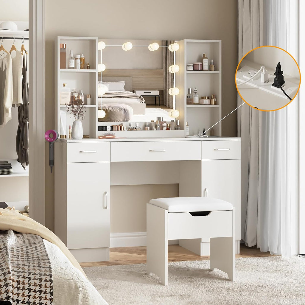 Vabches Makeup Vanity Table with Lighted Mirror & Power Strip, Large Vanity Set Vanity Desk with Storage Stool, 3 Lighting Modes, Brightness Adjustable, 45.2in(L)
