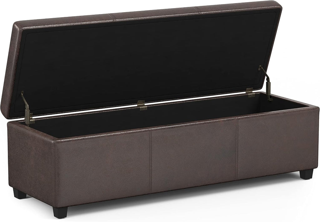 SIMPLIHOME Avalon Extra Large Storage Ottoman Bench - 54 inch Wide Upholstered Vegan Leather Rectangular Lift-Top Ottoman in Distressed Brown, Contemporary Bench for Living Room with Hidden Storage