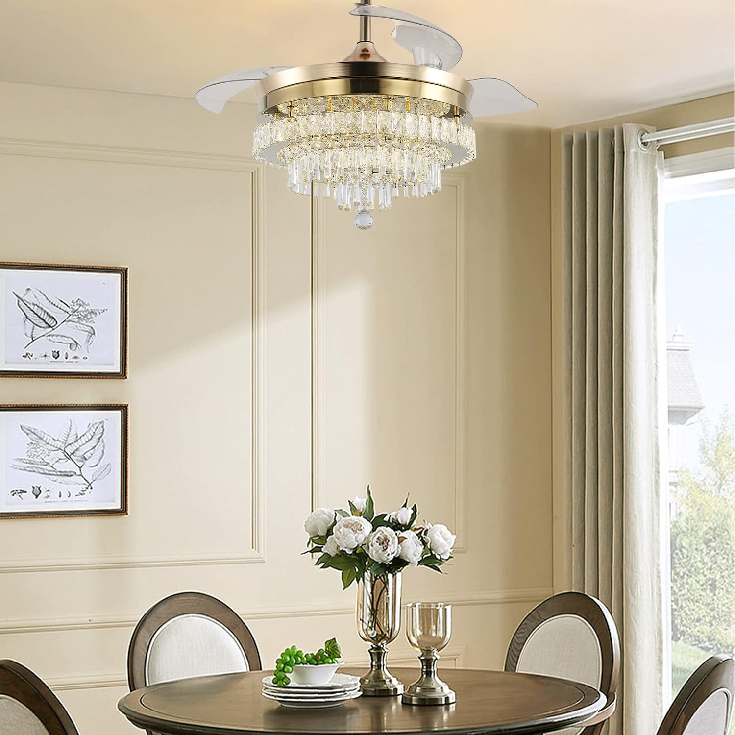 Finktonglan 42' Crystal Gold Fandelier Ceiling Fan with Light, Retractable Blades, Dimmable 60W LED, Remote & App Control, Quiet Reversible Motor, 6 Speeds & Timer, Downrod Mount