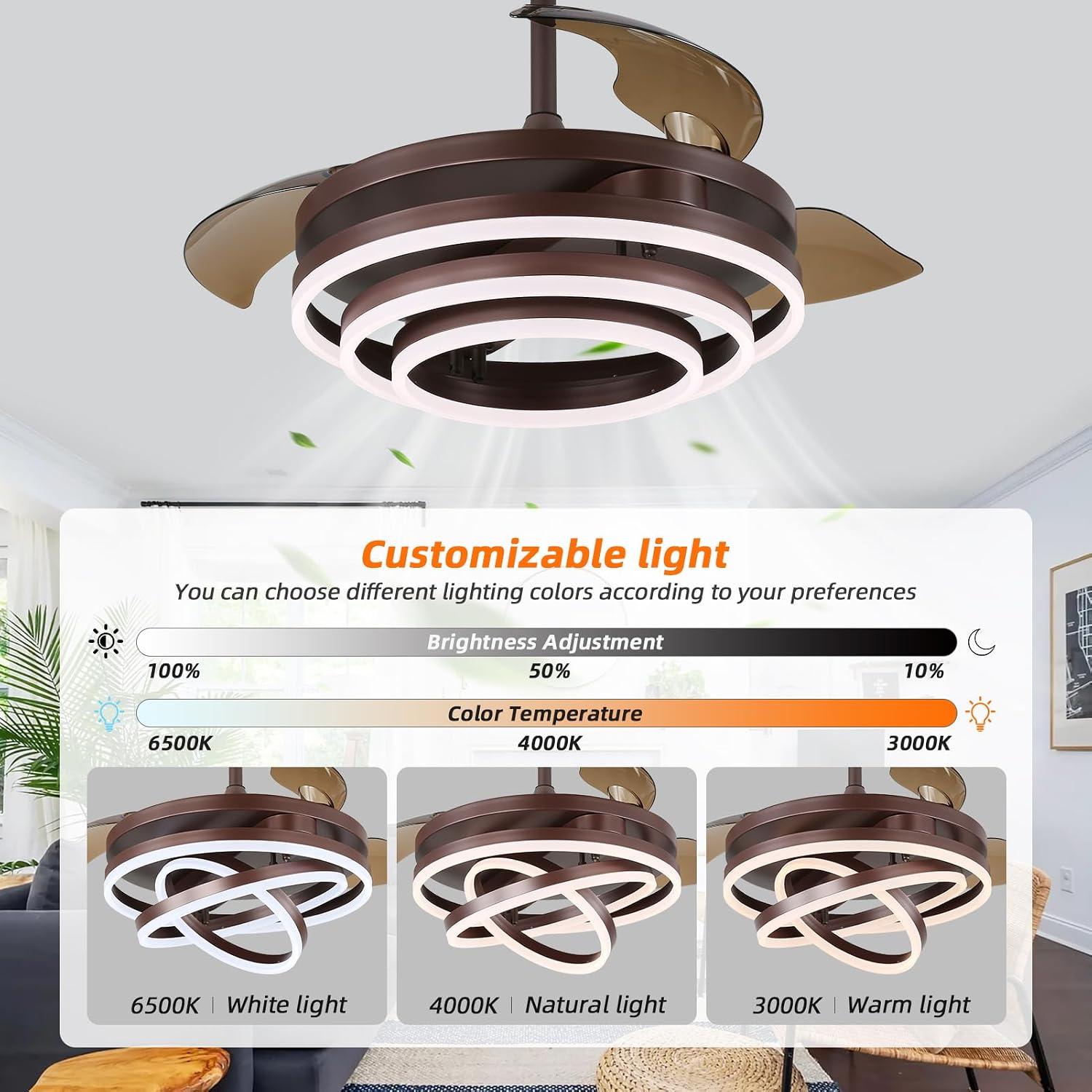 42 Inch Retractable Ceiling Fan, Fandelier Ceiling Fan with Light, Dimmable，Silent DC Motor, 6 Speeds, Brown Chandelier Ceiling Fans with Lights for Bedroom/Living Room/Kitchen/Kis Room/Patio