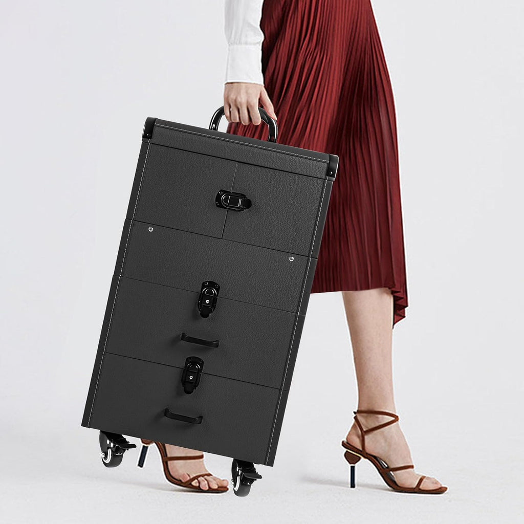 Professional Rolling Makeup Case Train Case Portable Cosmetic Organizer Trolley Lockable Rolling Make-ups Case Storage Cart Makeup Train Case Cosmetology Case On Wheels (Black|4 trays)