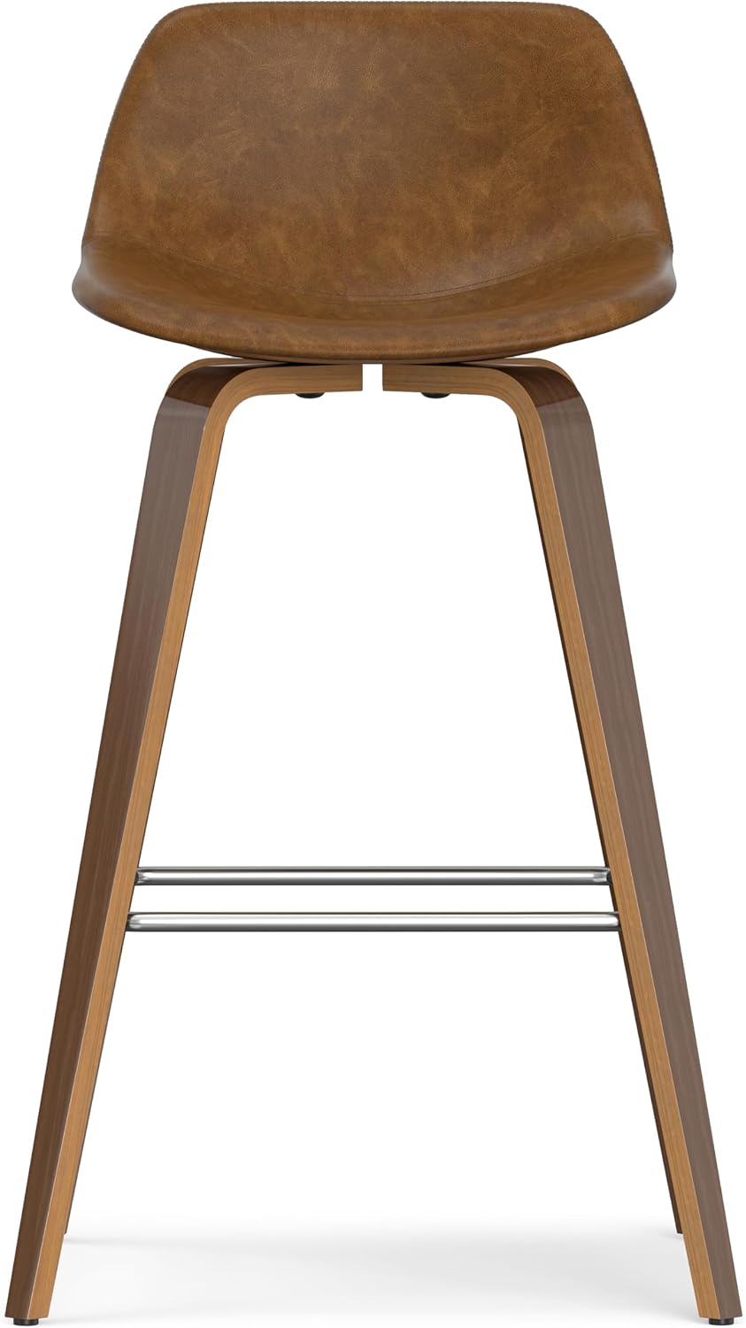 SIMPLIHOME Randolph Counter Stools (Set of 2) - 28 Inch Seat Height Upholstered Bentwood Kitchen Seats in Deep Tan Vegan Faux Leather, Mid Century Modern Seating with Curved Backrest and Footrest