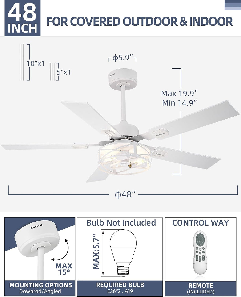 YOUKAIN Ceiling Fans with Lights, 48 Inch Farmhouse Ceiling Fans with Lights and Remote, 5-Reversible, White Finish, Outdoor Ceiling Fan for Indoor/Outdoor Use, 48-YJ632-WHW