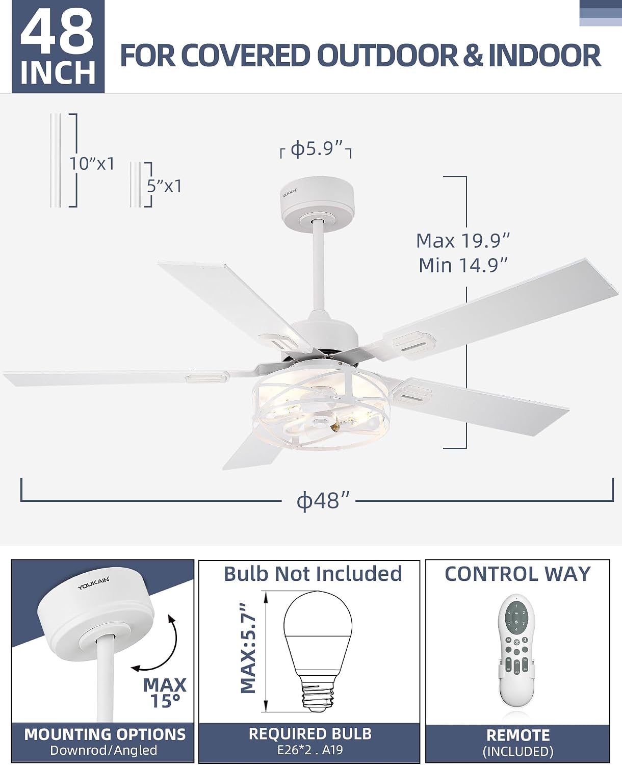 YOUKAIN Ceiling Fans with Lights, 48 Inch Farmhouse Ceiling Fans with Lights and Remote, 5-Reversible, White Finish, Outdoor Ceiling Fan for Indoor/Outdoor Use, 48-YJ632-WHW
