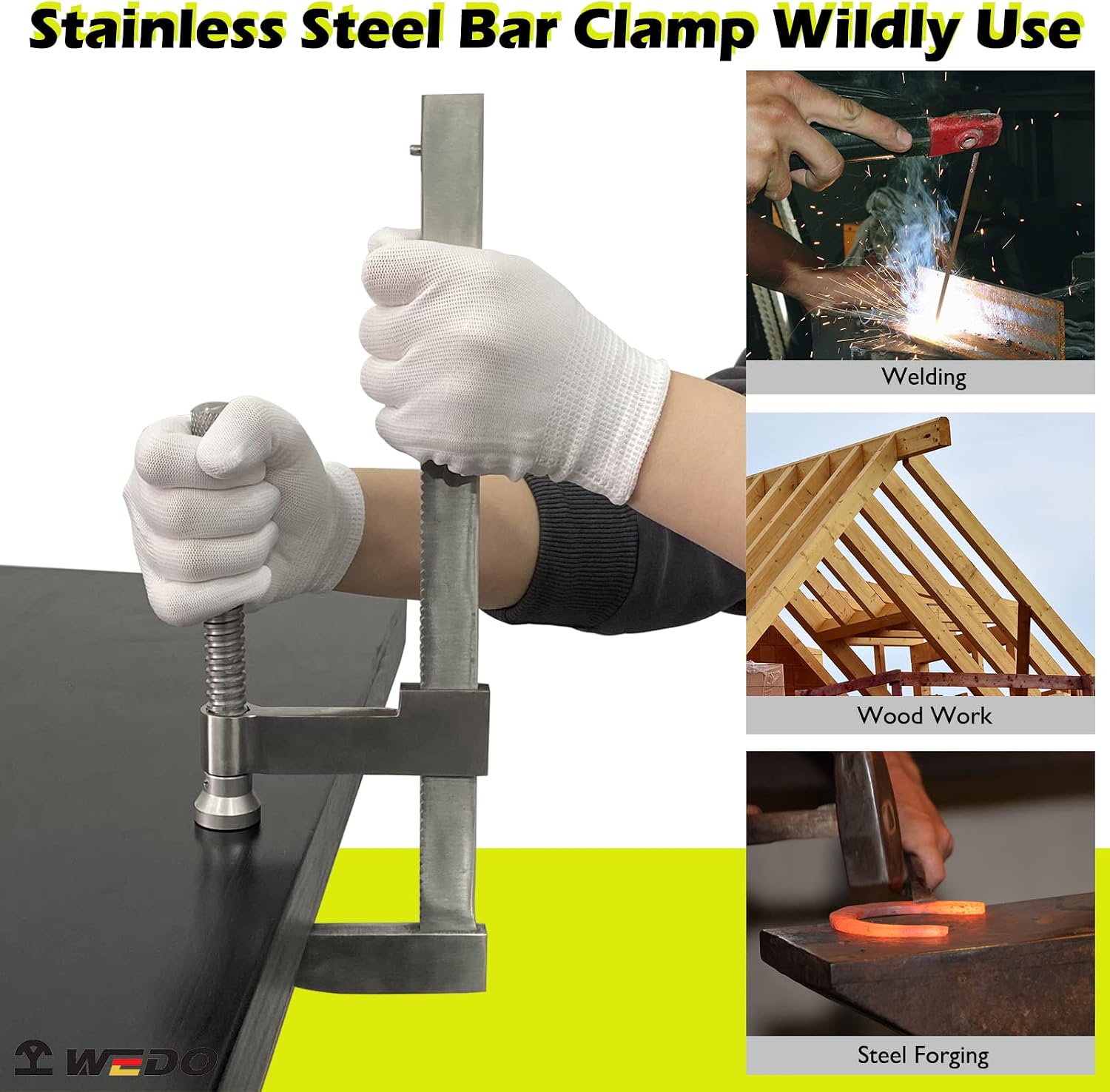 WEDO Bar Clamp, Stainless Steel F Clamp, Deep throat 3', Max jaw opening 16', Heavy Duty Bar Clamp for Welding Woodworking, Metal working, DIY and Crafts