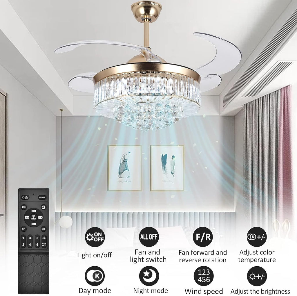 42in Crystal Ceiling Fan with Remote, Gold Fandelier Ceiling Fan with Light, 3 Speeds 3 Colors Changes Lighting Fixture, 4 Blades Retractable Chandelier Fan for Bedroom Living Room Dining Room