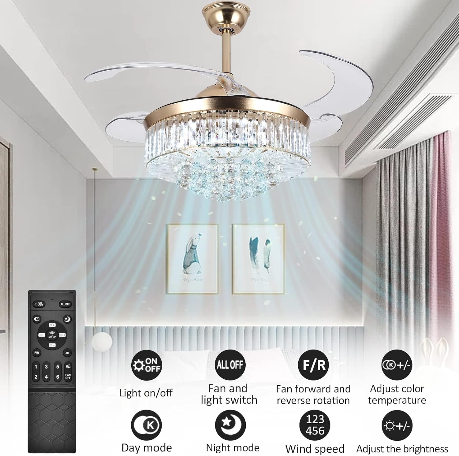 42in Crystal Ceiling Fan with Remote, Gold Fandelier Ceiling Fan with Light, 3 Speeds 3 Colors Changes Lighting Fixture, 4 Blades Retractable Chandelier Fan for Bedroom Living Room Dining Room