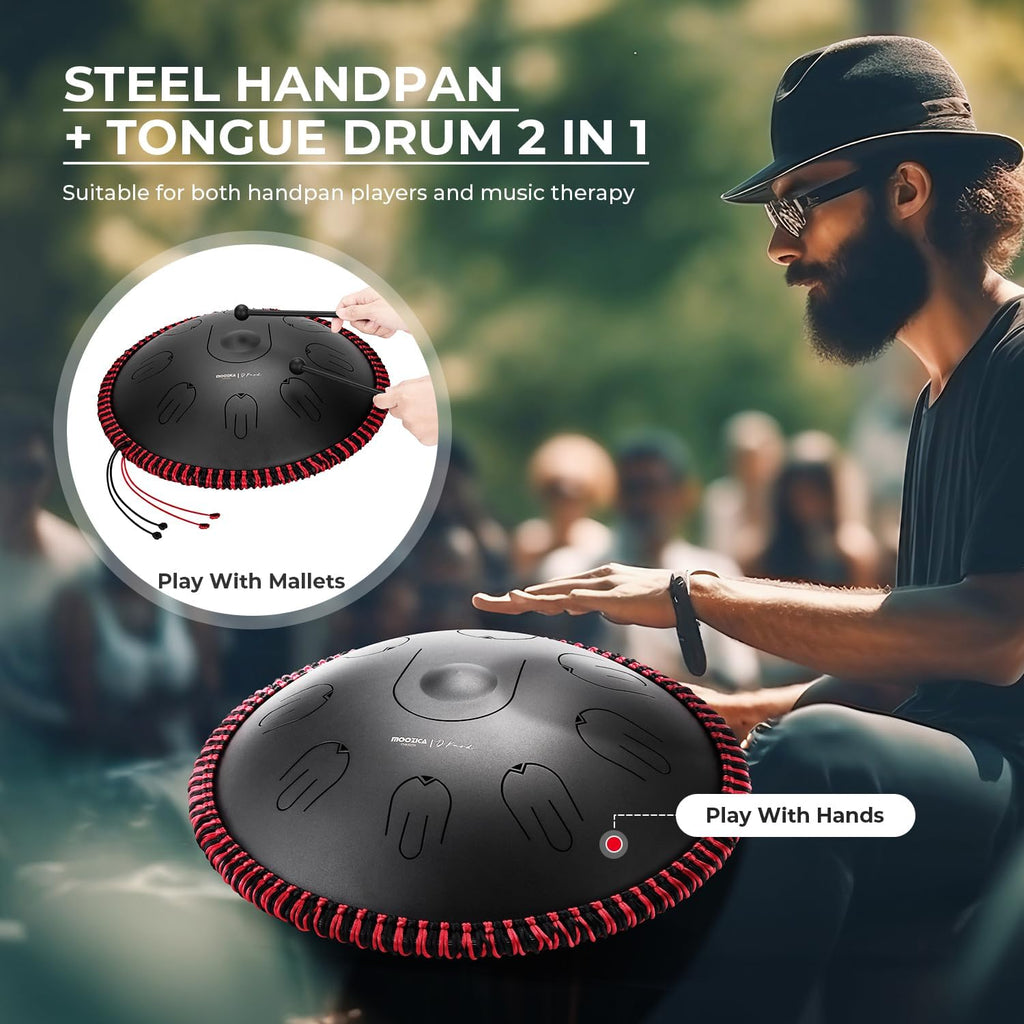 Moozica Steel Handpan Tongue Drum, 14 Inches 17 Notes in D Minor with Octave Overtone Design, Handpan Drum Percussion Instrument With Carry Bag (D-Kurd, Black)