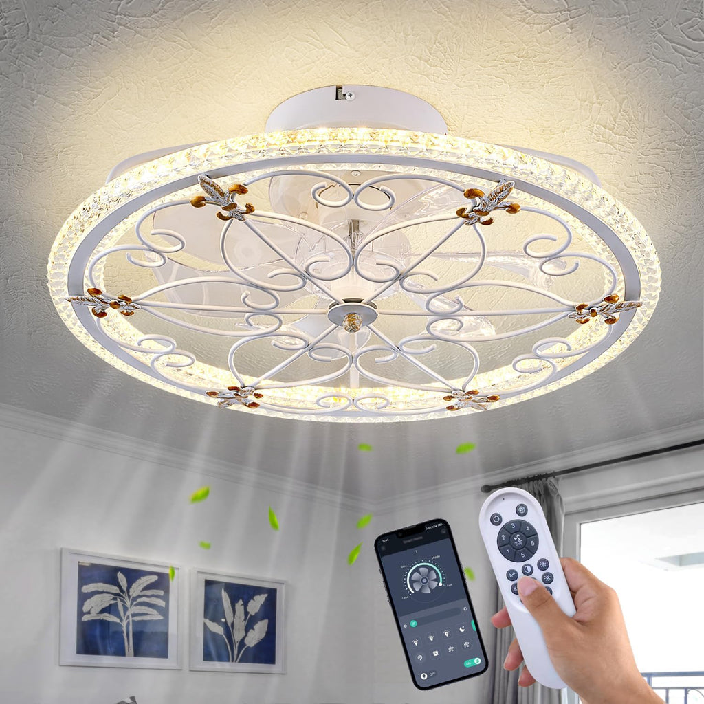 White Caged Ceiling Fan with Lights Remote Control, Farmhouse Industrial Ceiling Fan with Light for Kitchen Bedroom Living Room