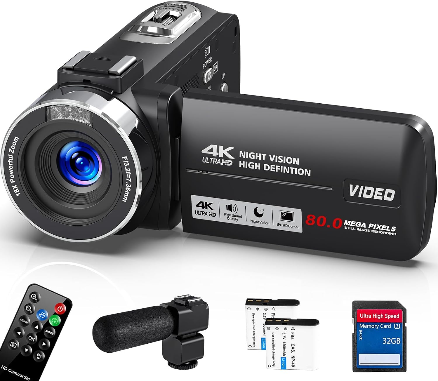 HD Camcorder Video Camera 4K 80 MP Vlogging Camera for YouTube IR Night Vision Camera 18X Digital Zoom 3.0 IPS Screen Video Recorder
