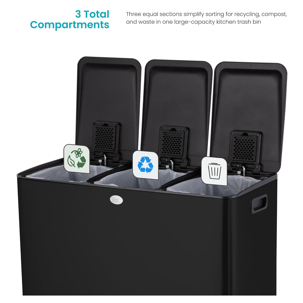 Home Zone Living 24 Gallon Large Kitchen Trash Can with Three Compartments | Stainless Steel with Soft-Close Step Pedal Lids for Recycling, Rectangular Shape, Black