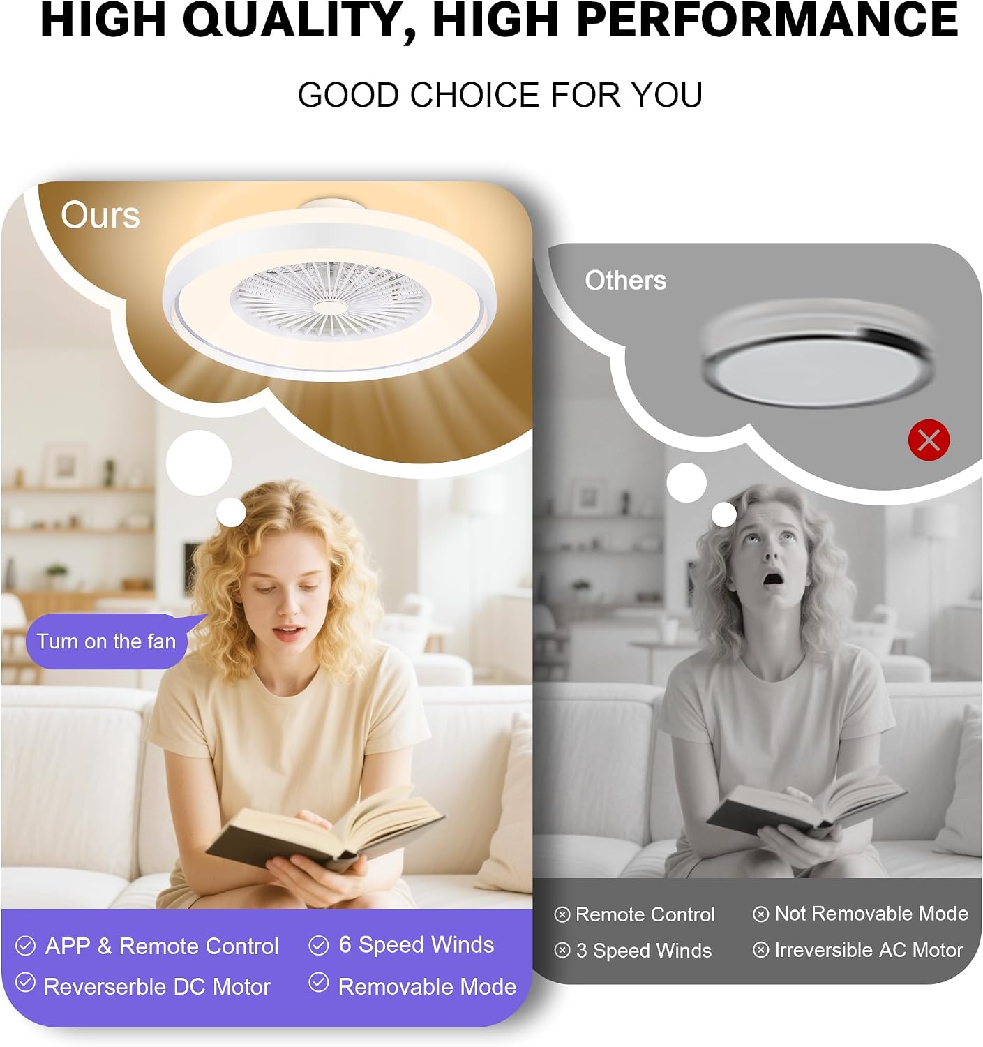 24' Bladeless Ceiling Fans with RGB Light, Low Profile Ceiling Fan with Light, Smart Modern Ceiling Fan with App/Remote/Voice Control, 3 Dimmable LED Light for Bedroom, Living Room White