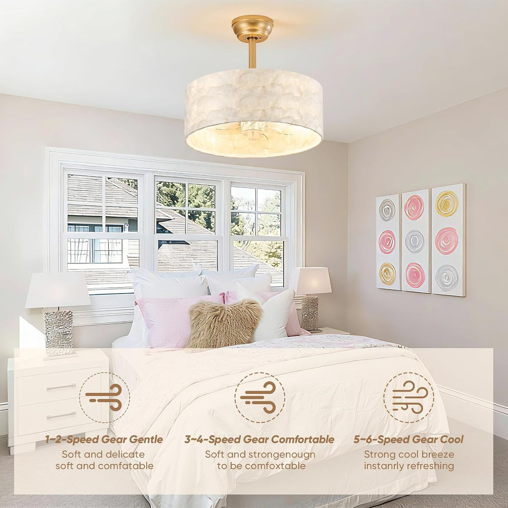 Boho Chandelier Ceiling Fan, Capiz Shell Fandelier Ceiling Fan with Light and Remote Control, Coastal Caged Ceiling Fan for Bedroom,Living Room,Nursery,Foyer(6 Speed, Timing,Adjustable Height)