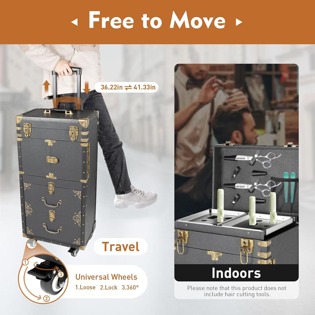 Rolling Makeup Case, 3 Tier Lockable Hairdressing Trolley with Wheels & Hair Dryer Holder, Cosmetic Luggage Travel Organizer Tool Box Beauty Salon Luggage Up to 55 lbs, 15.5'×10'×32.3'
