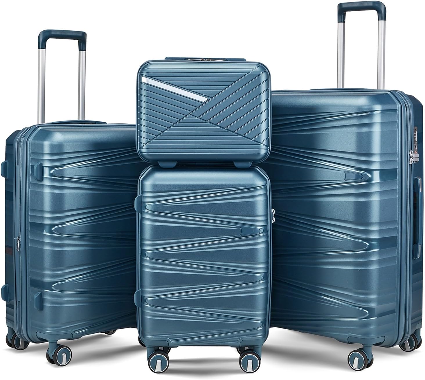 TRAVELEO 4 Piece Luggage Set PP Hardshell, Expandable Suitcase Set (20/24/28) with 14' Cosmetic Case, Lightweight Spinner Wheels with TSA Lock, Detachable Wheels for Nesting Storage (Peacock Blue)