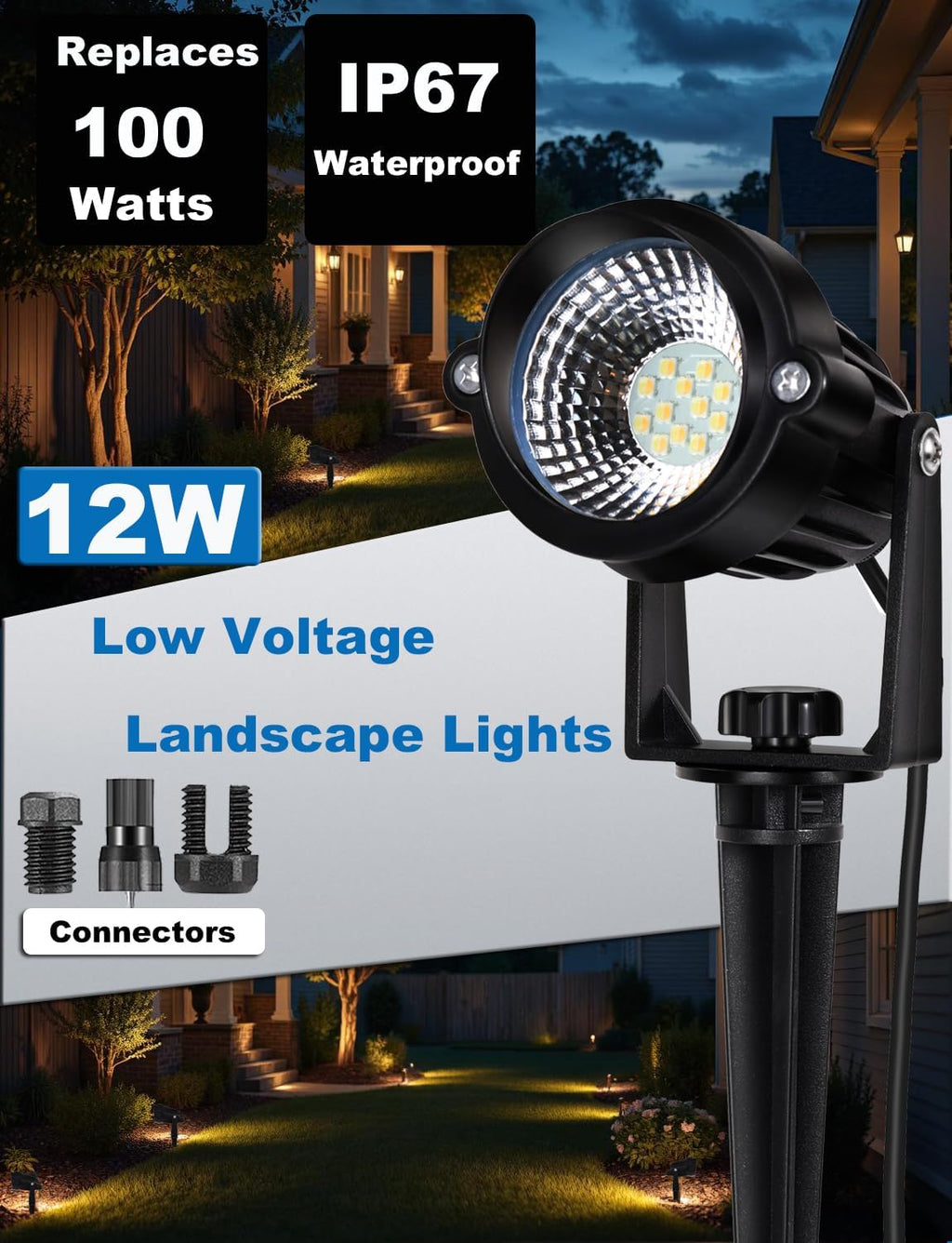 12W Landscape Lights Low Voltage LED Landscape Lighting Spotlight Waterproof Garden Pathway Christmas Decorative Lights Outdoor, 20 Pack with Connector (Cool White 5000K)