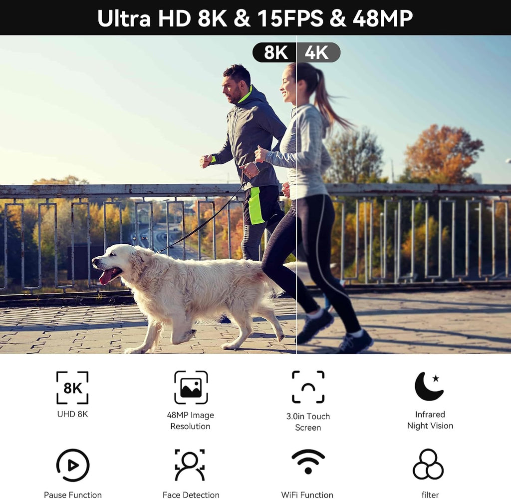 Video Camera, 8K Camcorder 48MP Vlogging Camera for YouTube 18X Digital Zoom 3' Touch Screen with WiFi, External Mic, Fill Light, Remote Control, 32GB SD Card & 2 Batteries