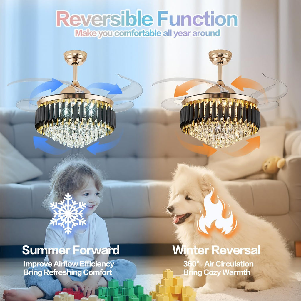 36' Bluetooth Ceiling Fan with Speaker, RGB-LED Dimmable Light 6 Speeds Reversible Blades Modern Fandelier Chandelier with Remote APP Control Memory Timer Function for Bedroom Gold