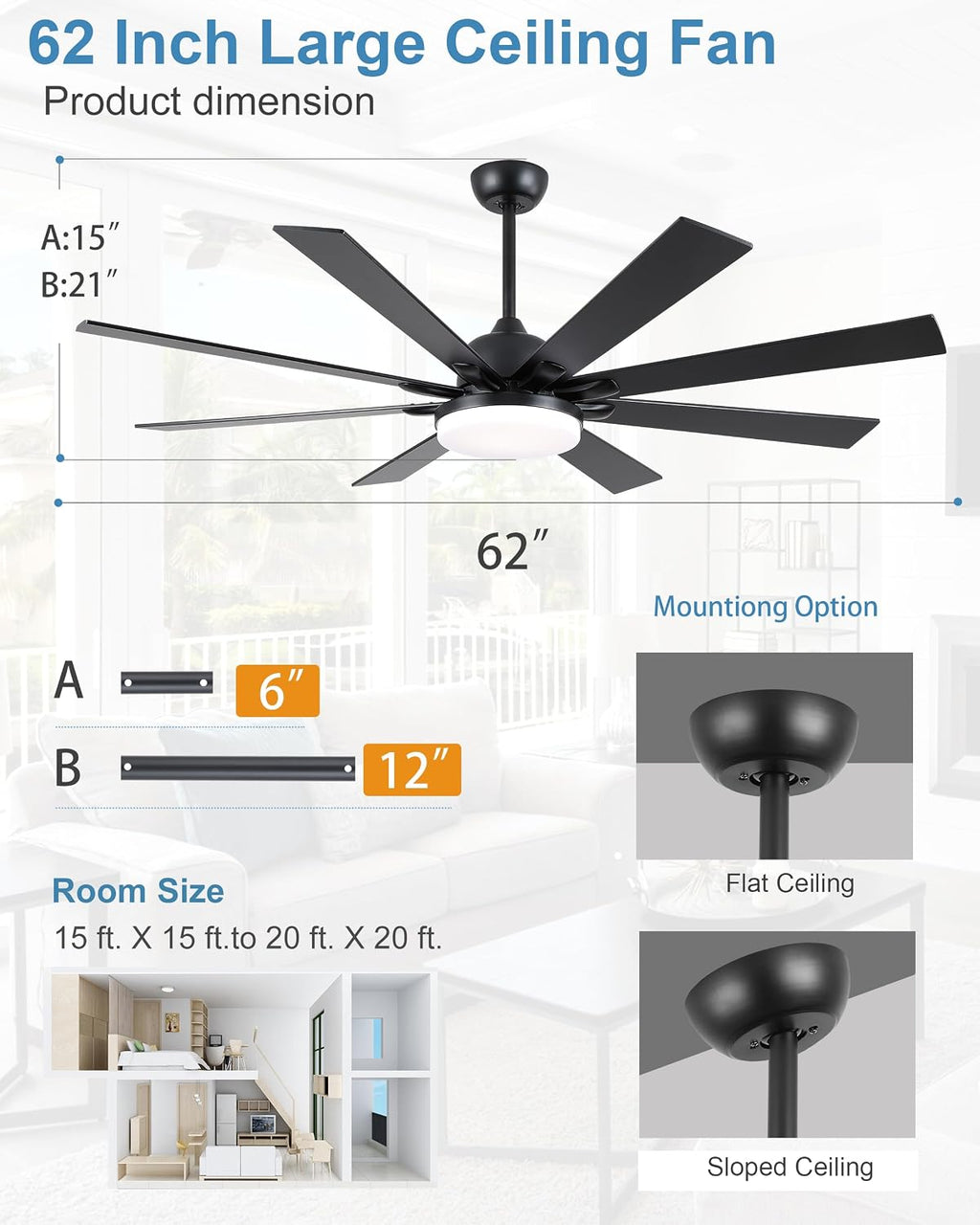 POCHFAN 62 Inch Ceiling Fans with Lights,Large Modern Ceiling fan with Remote and 8 Wooden Blades,Dimmable,6 Speeds,Noiseless Reversible Indoor&Outdoor Fan for Bedroom,Patio,Living Room
