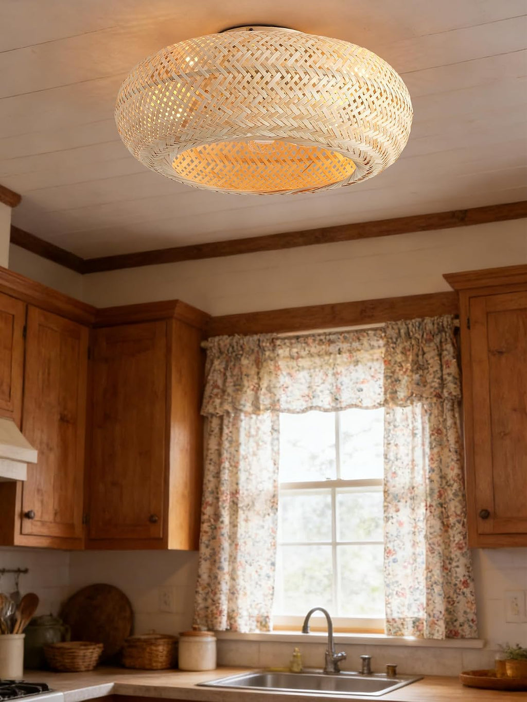 20in Boho Ceiling Fans with Lights,Rattan Caged Low Profile Ceiling Fan with Light,6 Speeds Timer Reversible DC Motor for Living Room Bedroom Dining Room