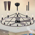 She's home 43' Wood Color Wagon Wheel Chandelier with Fan, 12-Lights Large Round Candle Farmhouse Fandelier Ceiling Fan with Light Fixture for Living Room, Height Adjustable