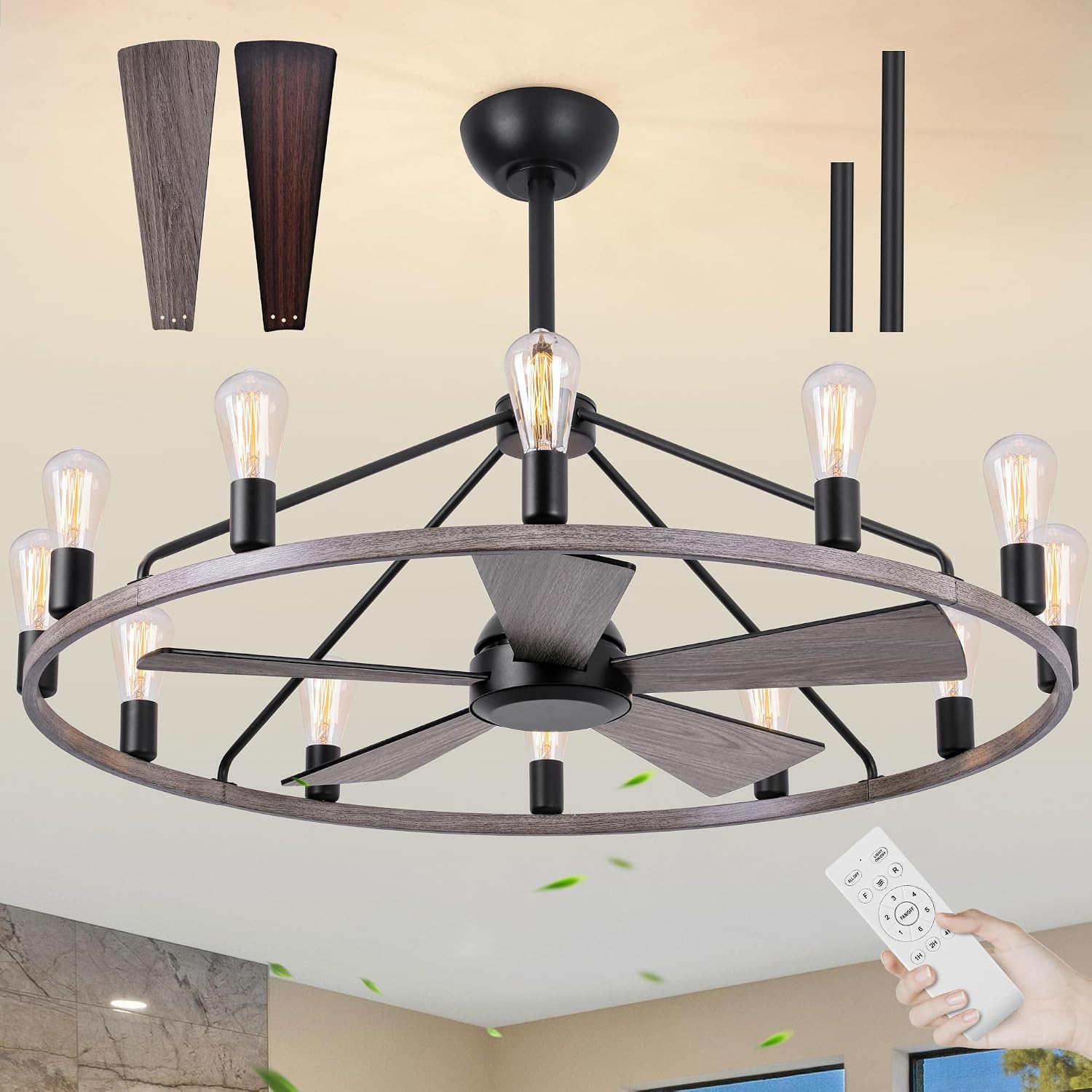 She's home 43' Wood Color Wagon Wheel Chandelier with Fan, 12-Lights Large Round Candle Farmhouse Fandelier Ceiling Fan with Light Fixture for Living Room, Height Adjustable