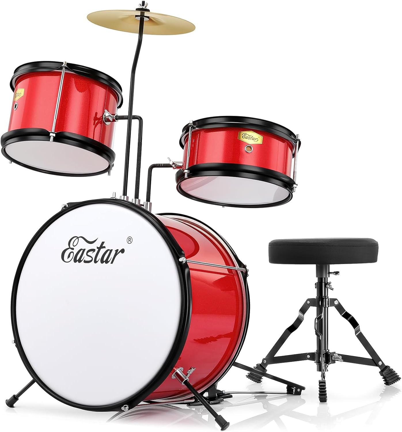 Eastar Drum Set for Kids and Beginners, 3-Piece 14'' Drum Kit with Adjustable Throne, Cymbal, Pedal & Two Pairs of Drumsticks, Junior Drum Set with Bass Tom Snare Drum, Metallic Red