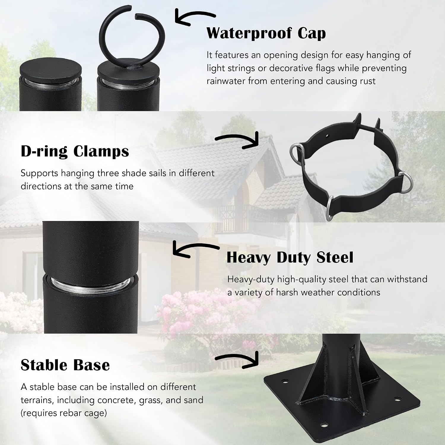 2 Pack 10Ft Shade Sail Poles, Heavy Duty Sun Shade Poles with D-Ring Clamps, Metal Post Pole Kit for Sun Shade Sail String Light Garden Yard Backyard Ground Grassland