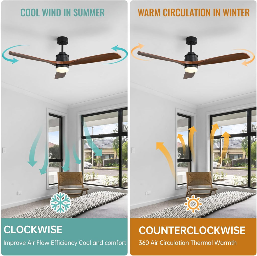 Sofucor 60 inch Ceiling Fan with Lights and Remote, Modern Large LED Wood Ceiling Fan for Indoor Living Room Bedroom Outdoor Patio Porch, Reversible DC Motor