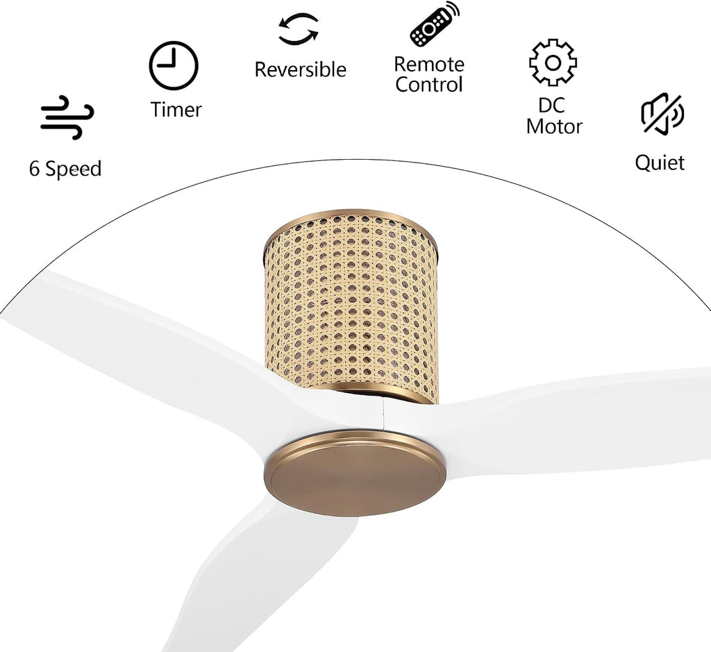 LEDLUX 48' Ceiling Fan No Light - Low Profile Flush Mount Ceiling Fan, 6-Speed Remote Control, Solid Wood, Quiet Reversible DC Motor, White/Gold Finish, for Bedroom, Living Room, Porch