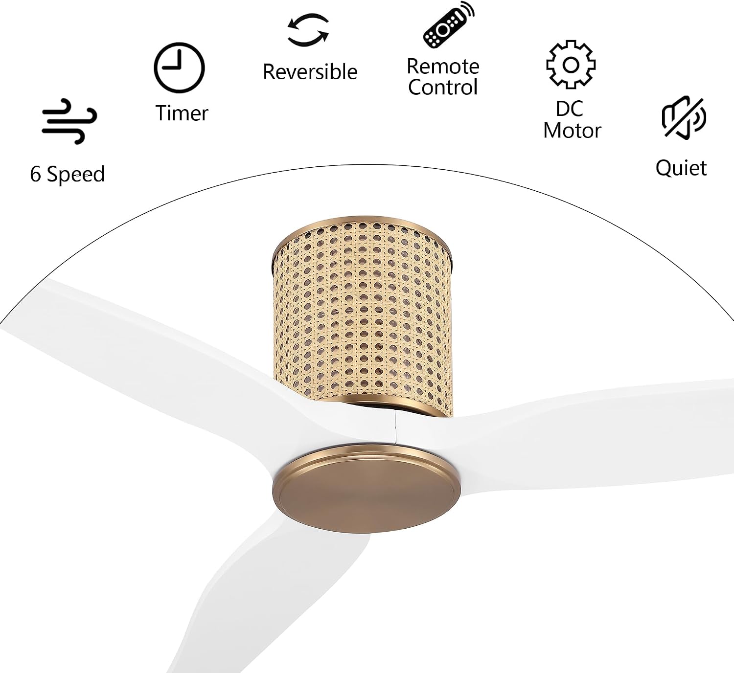 LEDLUX 48' Ceiling Fan No Light - Low Profile Flush Mount Ceiling Fan, 6-Speed Remote Control, Solid Wood, Quiet Reversible DC Motor, White/Gold Finish, for Bedroom, Living Room, Porch