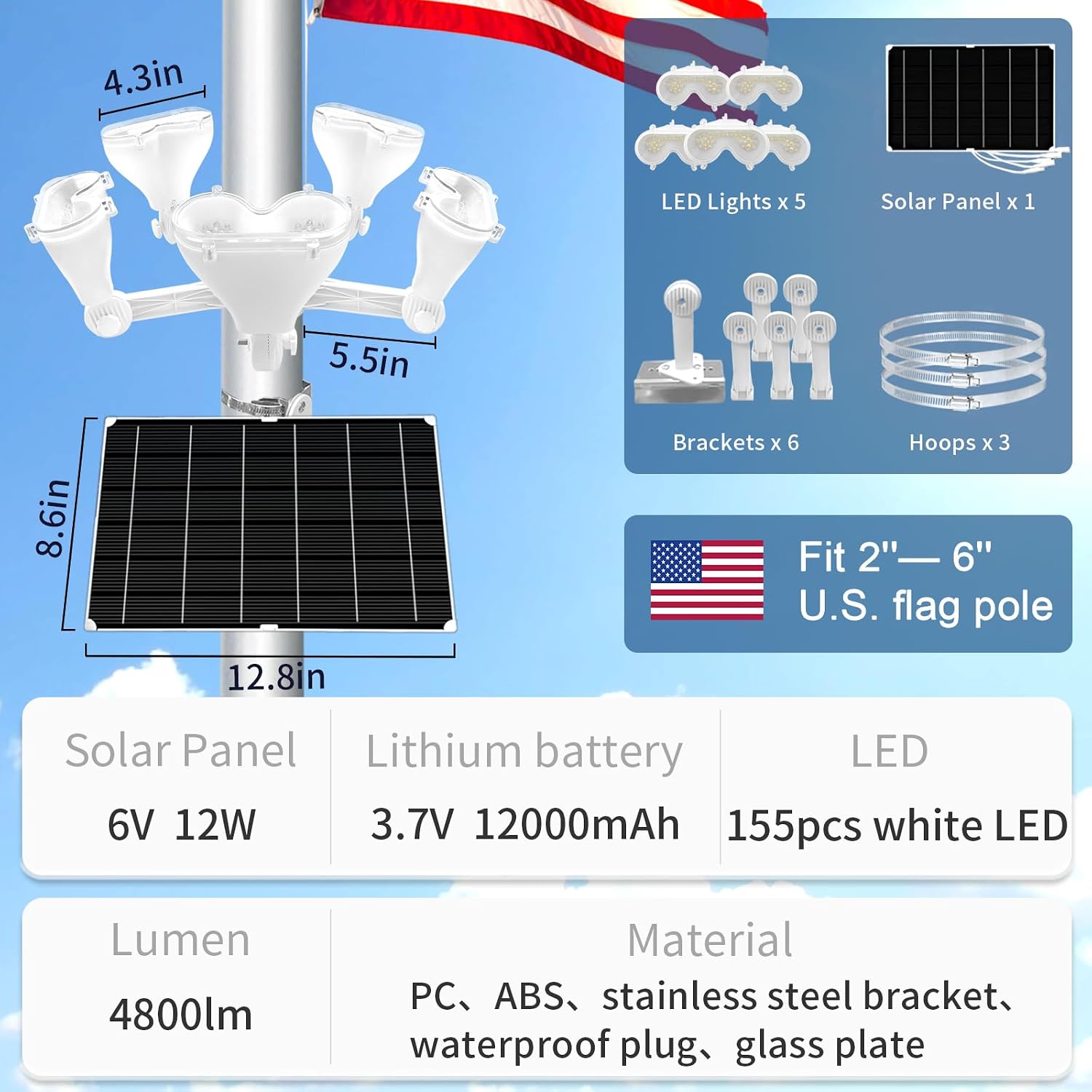 Solar Powered Flag Light,5 Super LEDs Flag Light Solar Powered,4800lm 12000mah Brightest Led Flagpole Lights Light Up American Flag Outdoor with from Dusk to Dawn