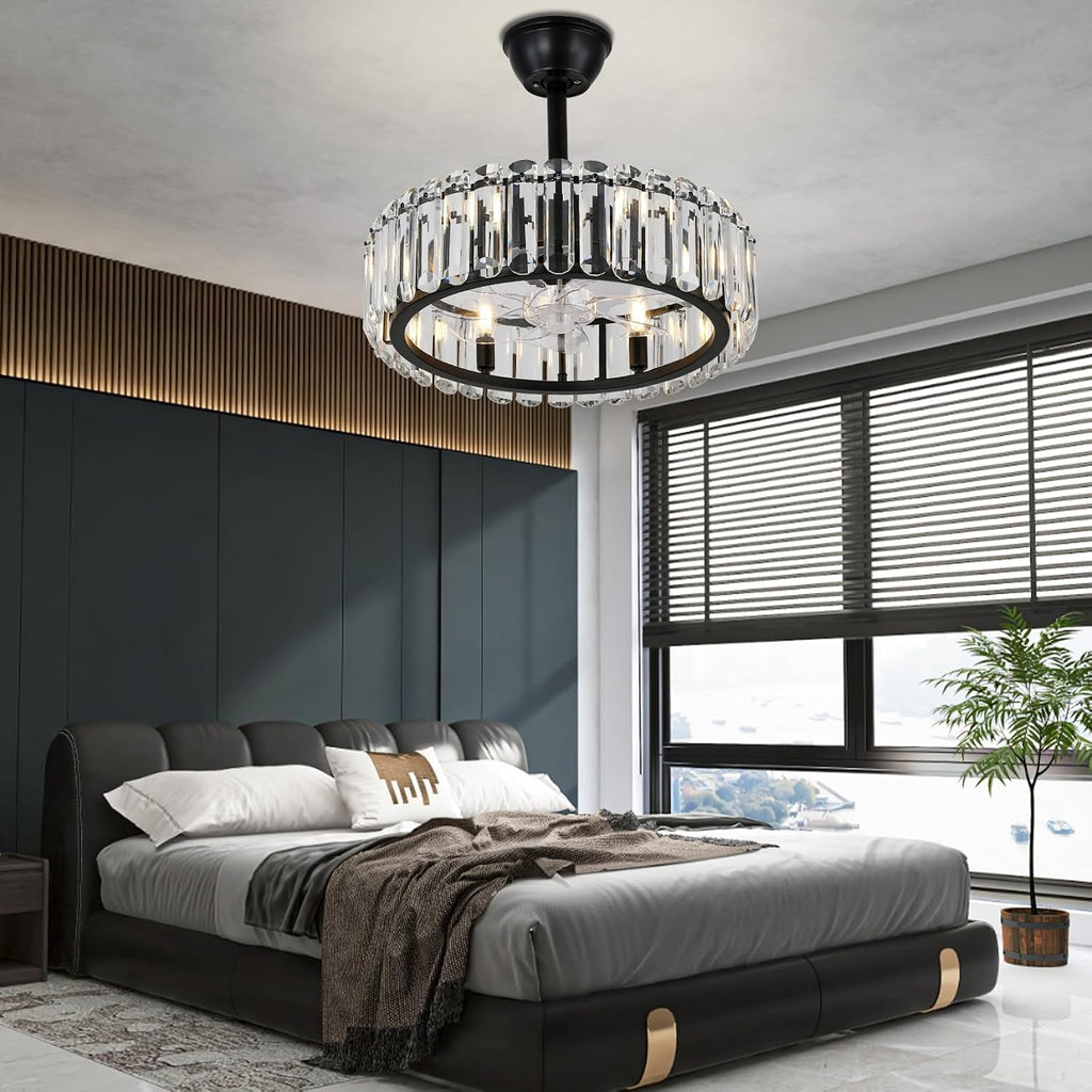 FRIXCHUR Crystal Caged Ceiling Fan with Lights and Remote 20.7 Inch Black Fandelier Semi Flush Mount 6 Speed Reversible Chandelier for Dining Bedroom Living Room Kitchen E12 x 6 Bulbs Not Included